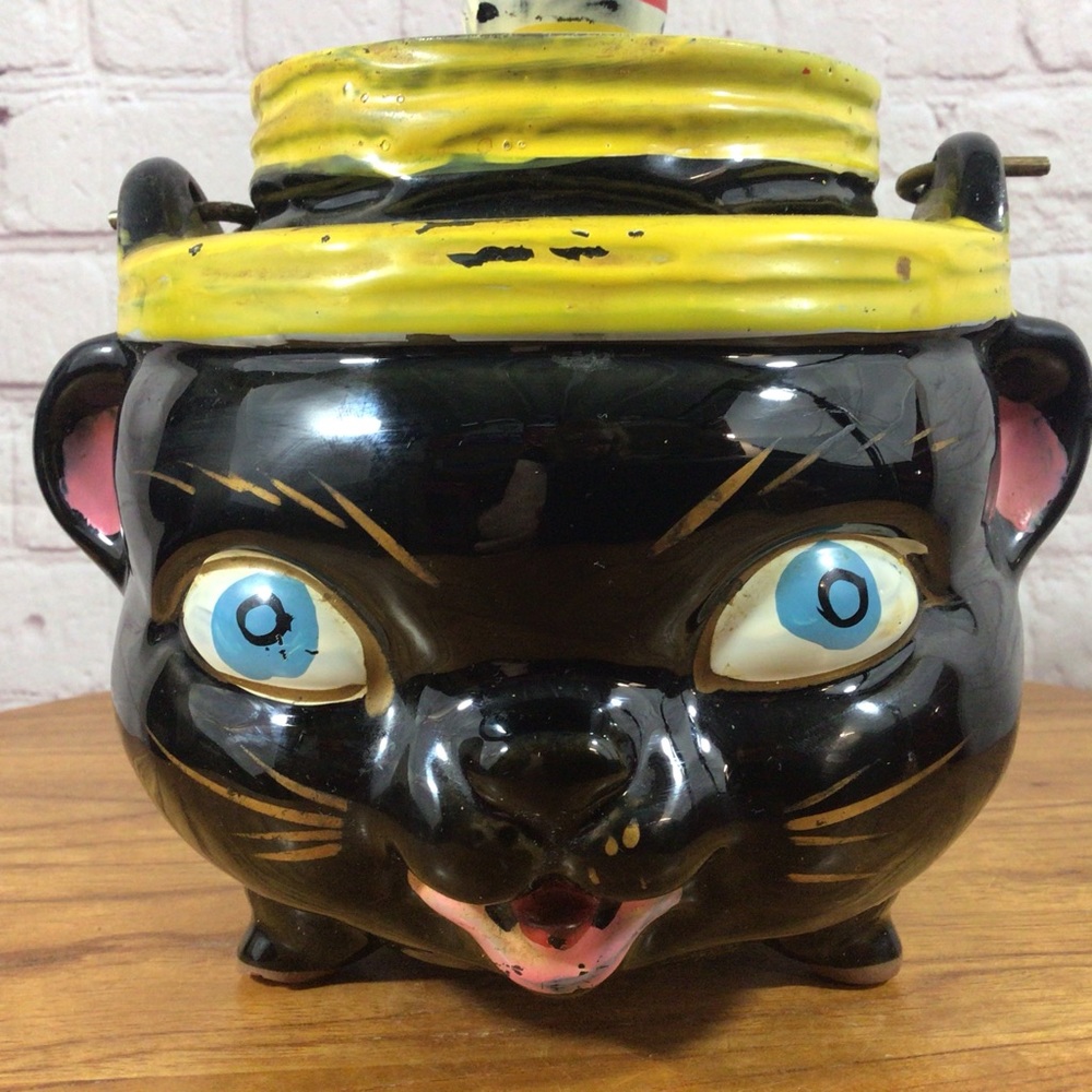 Vintage Hand Painted Americana Redware Norcrest Cookie Jar with Wire Handle - Picture 2 of 10